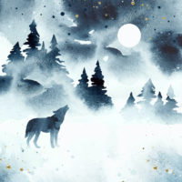 Watercolor of wolf in winter by evergreen trees and moon