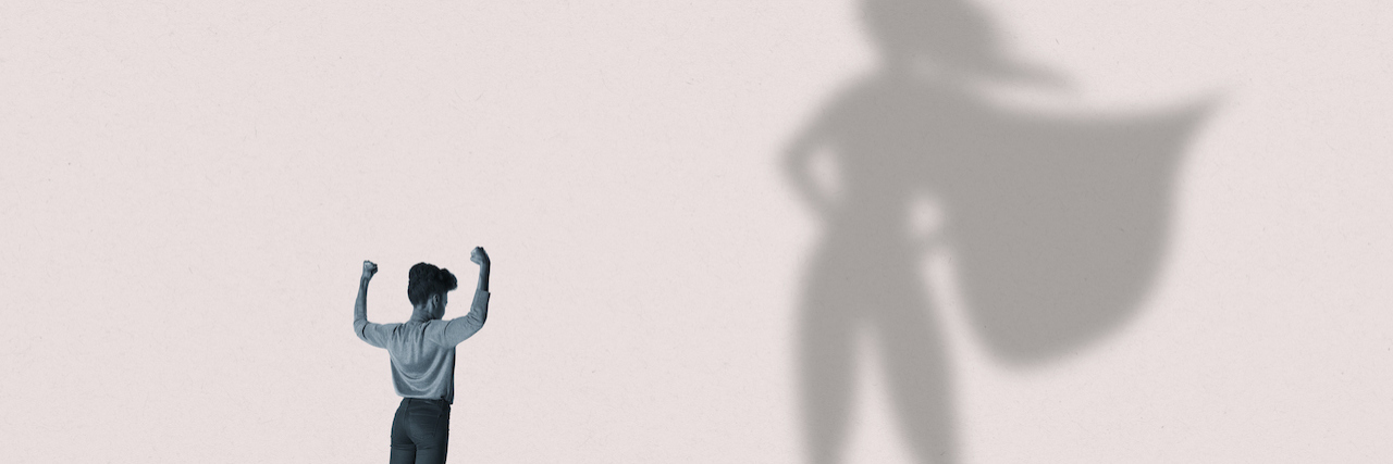 Feeding Tube Hacks for the Stiff Person Syndrome Patient Illustration of woman flexing muscles in front of large superhero shadow on pink background