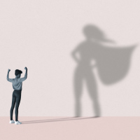 Illustration of woman flexing muscles in front of large superhero shadow on pink background