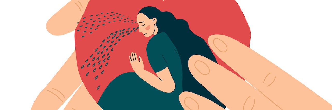 Reflections a Year After I Lost My Sister to Suicide An illustration of a hand holding a hard, with a crying woman inside the heart