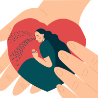An illustration of a hand holding a hard, with a crying woman inside the heart