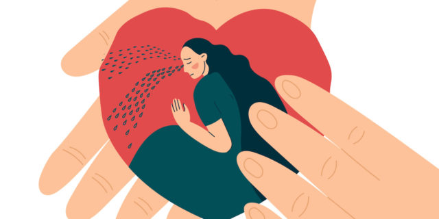 An illustration of a hand holding a hard, with a crying woman inside the heart
