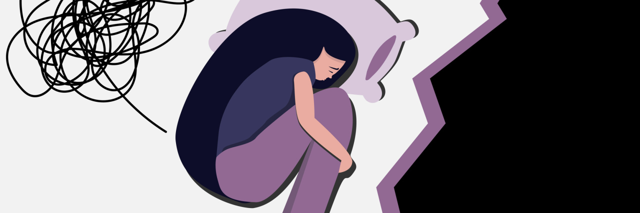 Vector of a girl curled up in bed with thought bubbles around her