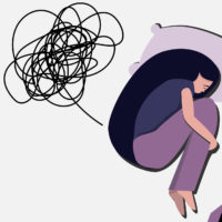 Vector of a girl curled up in bed with thought bubbles around her
