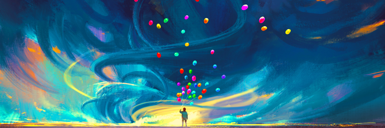 a child holding colorful balloons in front of a fantasy painting
