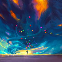 a child holding colorful balloons in front of a fantasy painting