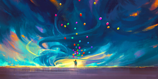 My Daughter's Rare Disease Is a Superpower a child holding colorful balloons in front of a fantasy painting