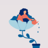 A banner of a woman sitting in a flower, watering the base. It reads: How Lung Cancer Caregivers Navigate Self-Care and Hope