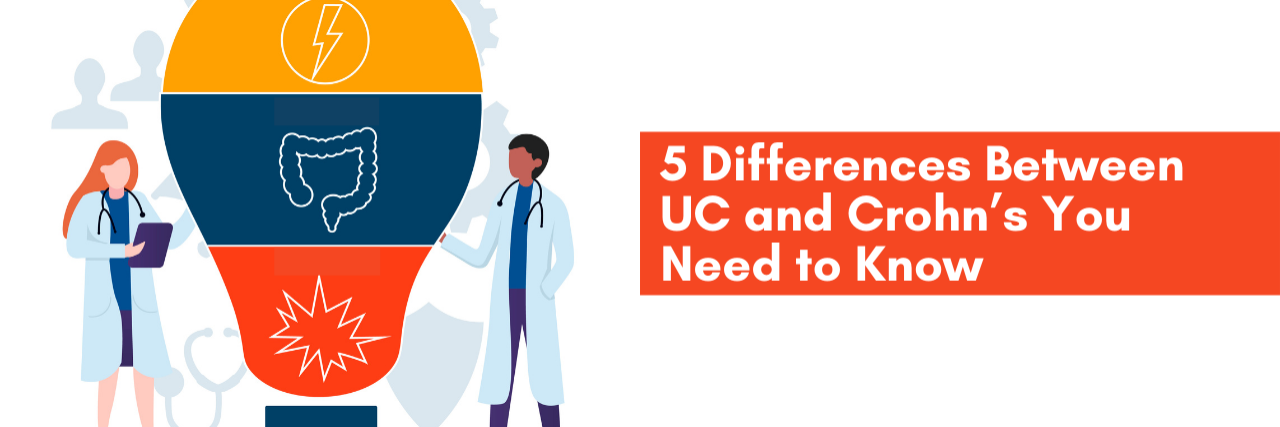 Banner of 2 doctors presenting information on IBD, the banner reads; 5 Differences Between UC and Crohn’s You Need to Know