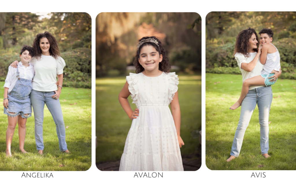 Photo of Atoosa Rubenstein's children. On the left is Atoosa posing with Angelika. In the middle is Avalon, and on the right is Atoosa posing with Avis. Their names are below each photo
