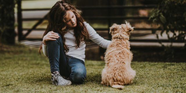 photo of a young girl sitting on the ground with a dog