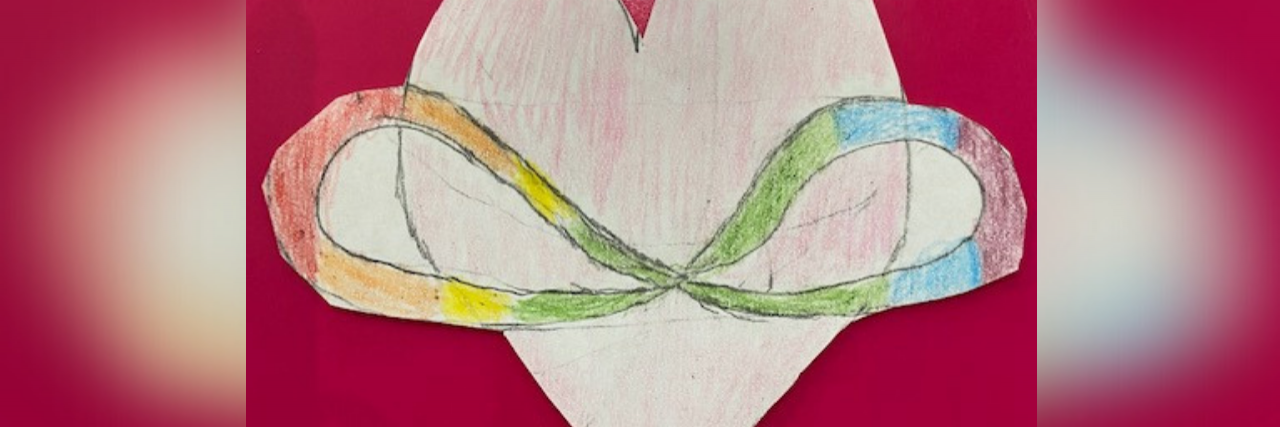 A cut-out drawing of a pink heart hugged by the neurodivergent symbol (an infinity sign with rainbow colors). The image rests on a pink background.