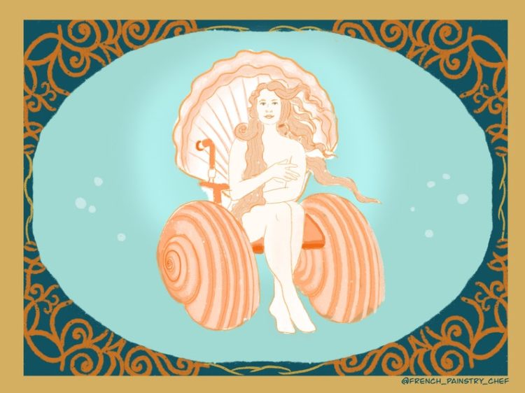 Venus in a wheelchair made of seashells.