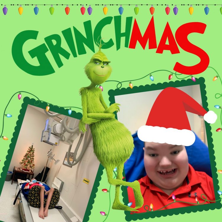Two photos of Jacob in front of green background with an image of the Grinch and the words "Grinchmas" 