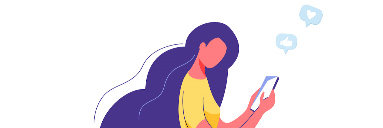 Studies Show Social Media Can Lead to Depression in Adults Woman walking with phone and illustrations of hearts and likes above it