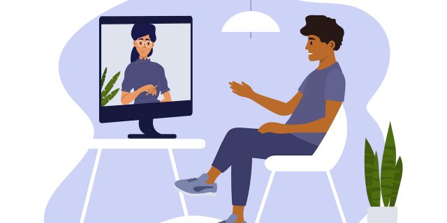 New Study on Telehealth as Borderline Personality Disorder Treatment Man sitting on chair at home and talking to therapist on computer screen.
