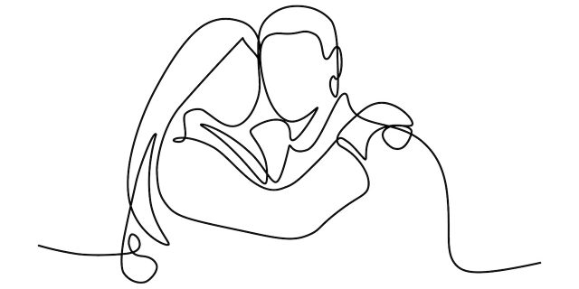 Line drawing of couple hugging each another