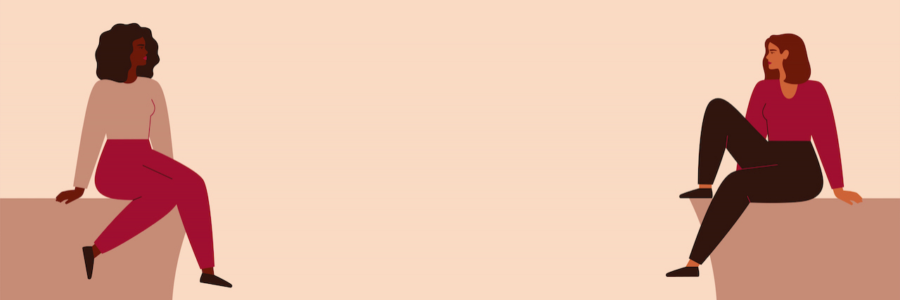 What My Ambivalent Attachment Style With PTSD Means Illustration of two women sitting across from one another on top of a speech bubble