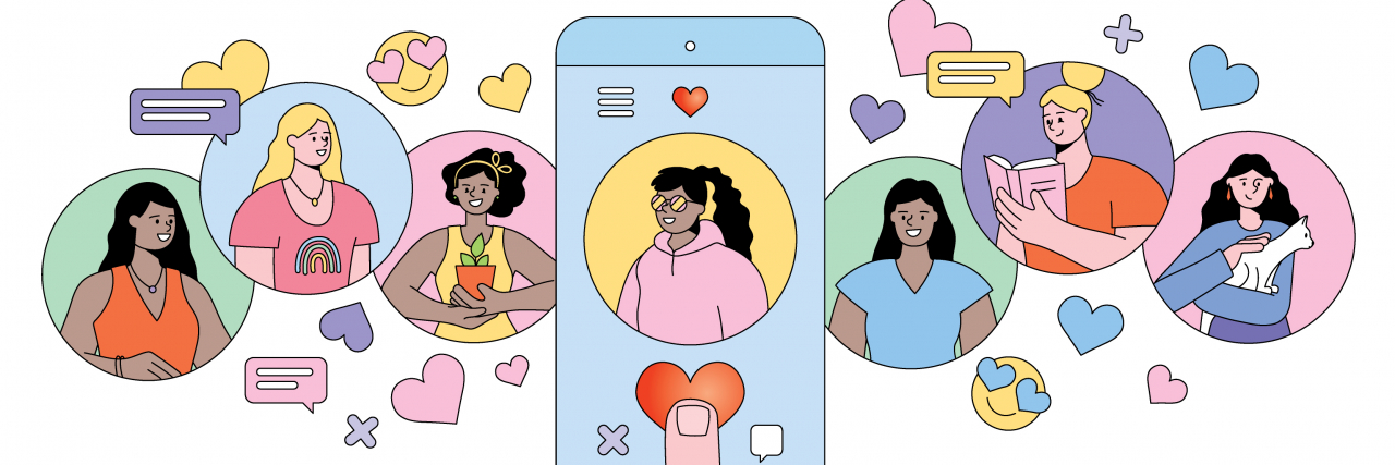 Cartoon drawing of searching for romantic partner on mobile dating app.