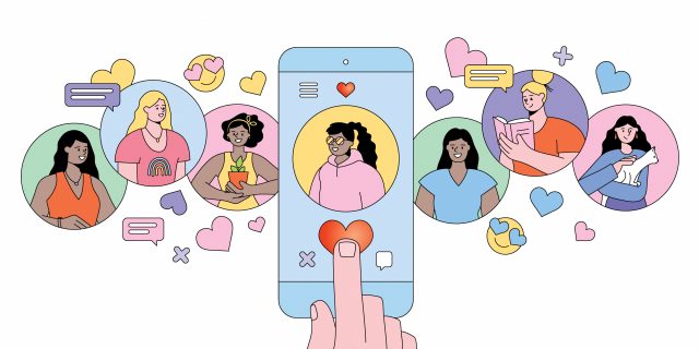 Cartoon drawing of searching for romantic partner on mobile dating app.
