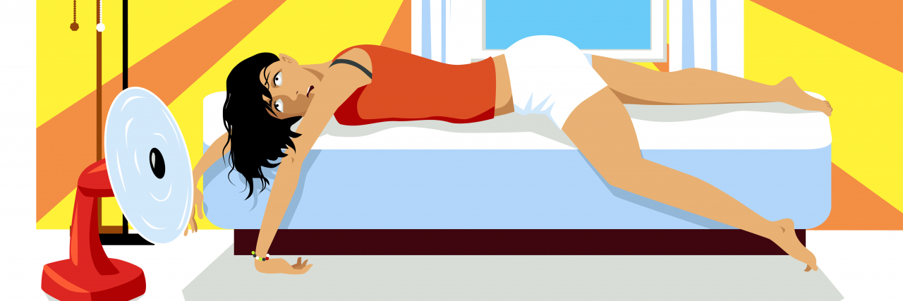 5 Things That Can Trigger a Multiple Sclerosis Relapse Young woman exhausted from heat lying on a bed.