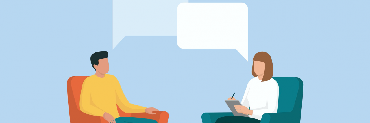 graphic of two people sitting and talking to each other with speech bubbles.
