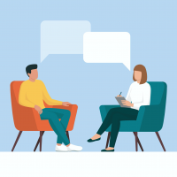 graphic of two people sitting and talking to each other with speech bubbles.