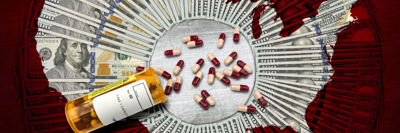 How Big Pharma Ads Impact Me as a Man With Mental Illness Bottle of pills spilled out across a map of America made up of folded American money