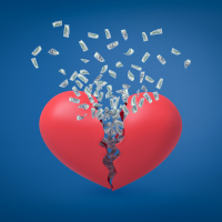 Illustration of heart breaking with money flying out of it