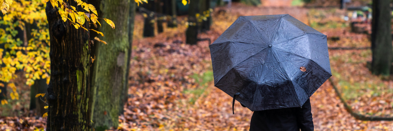 Woman in black with umbrella walking on path covered with bright leaves