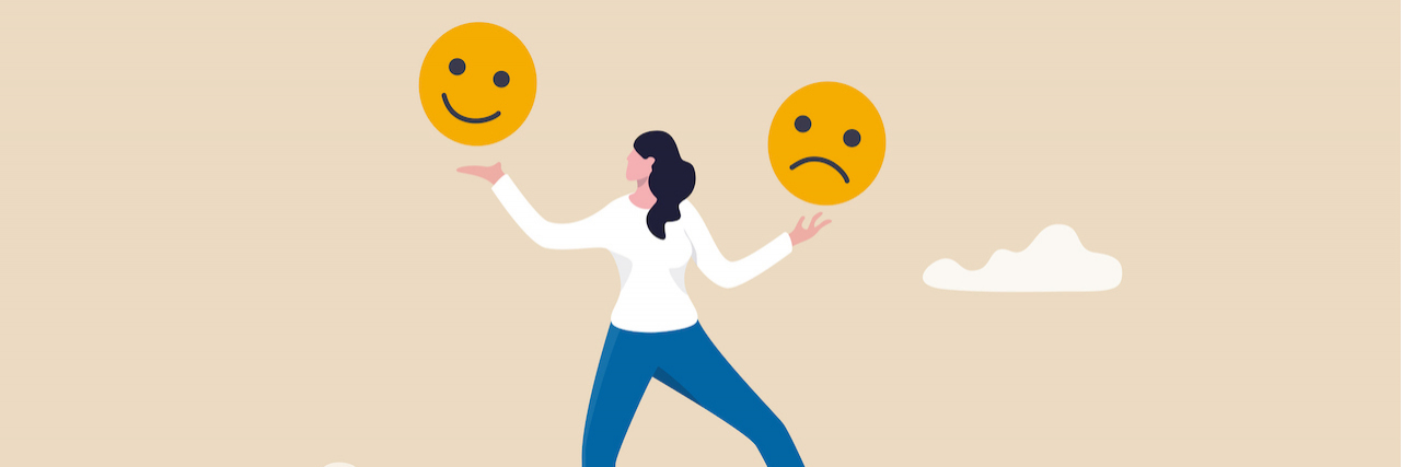 I'm Not Grateful for Having Cancer – and That's OK A woman balancing a smiling face and a frowny face