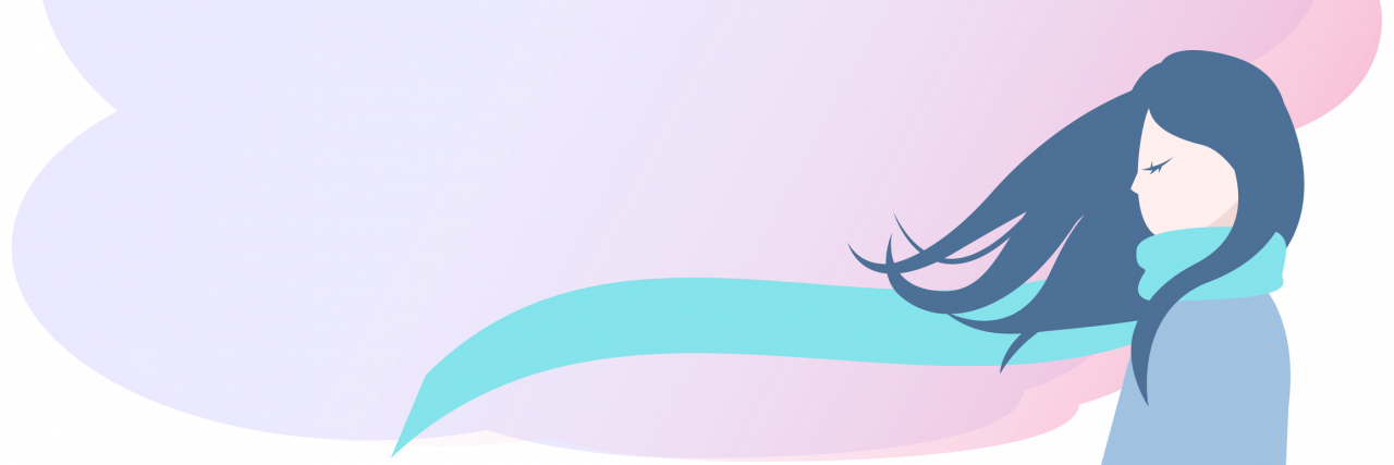 Why People Dismiss Their Past Abuse and Trauma (and How to Stop) Vector of a woman with a blue scarf wrapped around her neck looking down