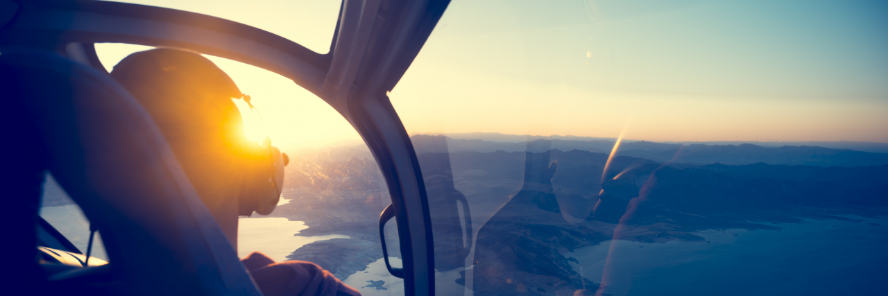 Flying in a helicopter over lake mead in Arizona.