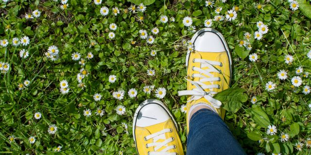 I Don't Judge My Sensory Processing Disorder Yellow sneakers in a daisy field.