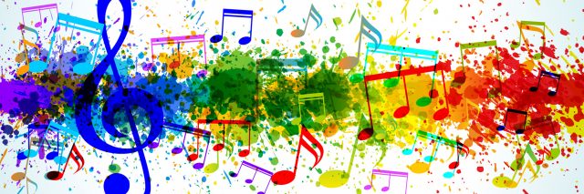 a rainbow streak with music notes