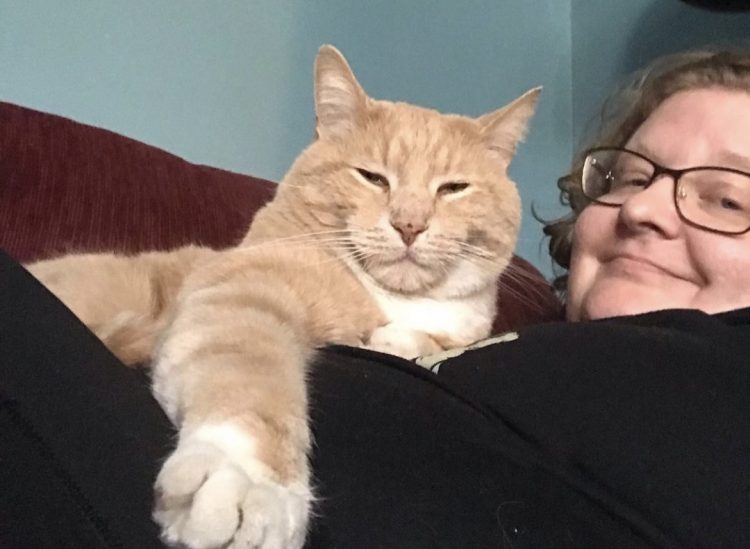 Author holding Felix, an orange cat