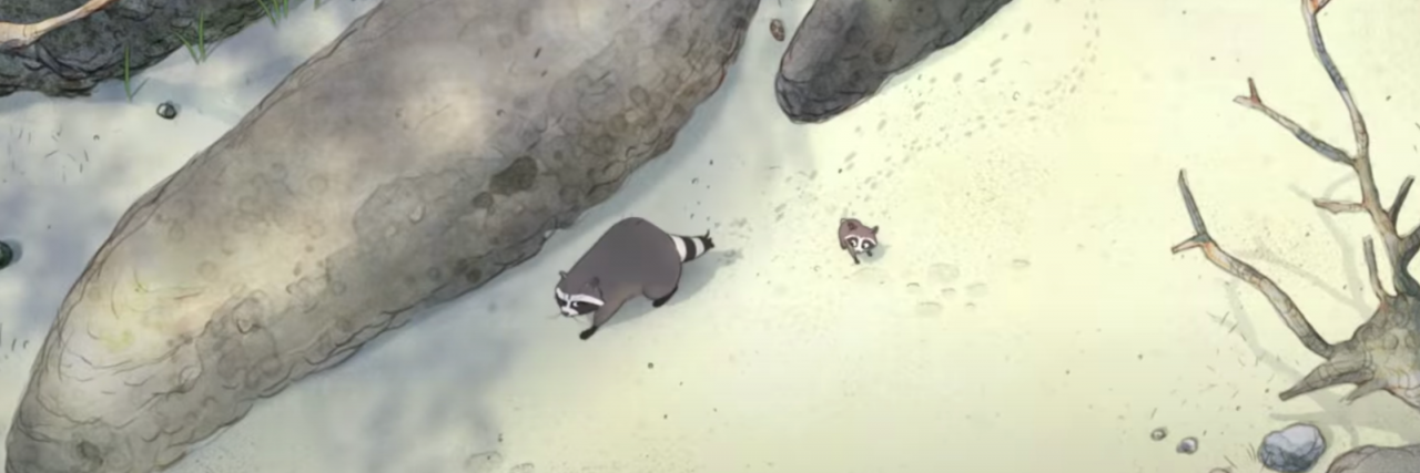 Disney's 'Far From The Tree' Shows Healing From Generational Curses A still from "Far From The Tree," a new Disney+ short. Its an aerial view of two raccoons (one larger, one smaller) on the beach next to some rocks.