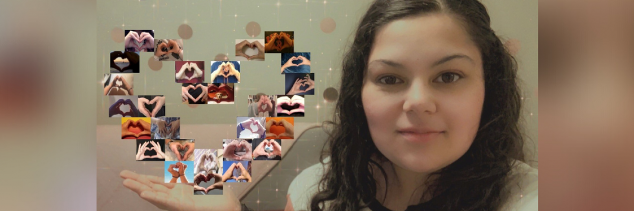 The Importance of Connecting in the Chronic Illness Community Photo of the author with a collage of chronic illness community members making hearts shaped with their hands.