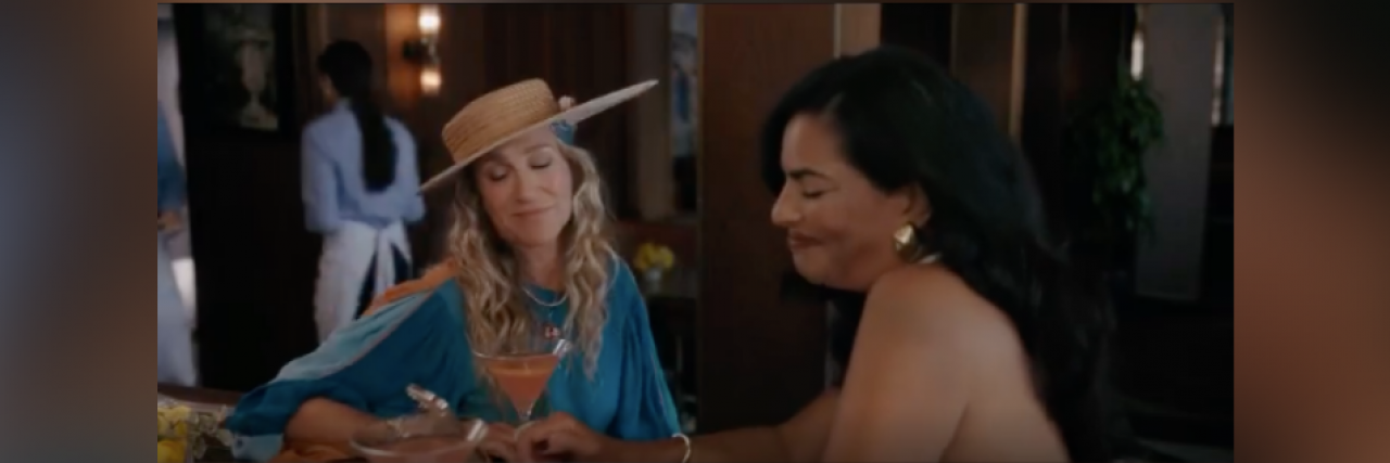 'And Just Like That…' Episode 4: Diversity, Friendship and Trauma Image of Carrie and Seema from "And Just Like That..." sitting together to have a drink