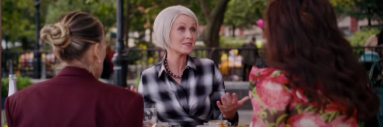 'And Just Like That…' Episode 5: Coming Out in LGBTQIA Community Miranda talking with Carrie and Charlotte in the park in "And Just Like That..."