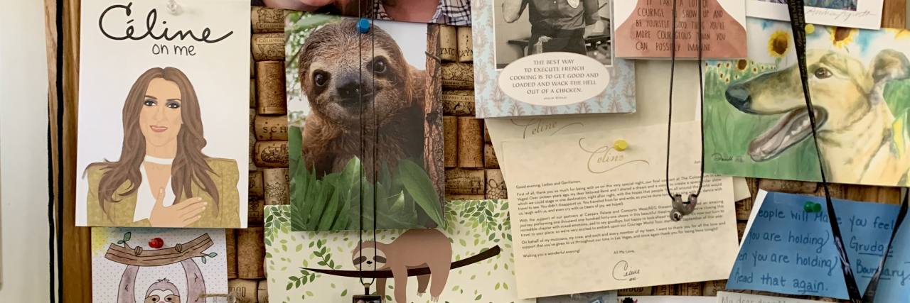 Ideas to Self-Soothe When Trauma Makes You Feel Unloved photo od the contributor's cork board filled with comfort notes, photos, and memories for self-soothing due to trauma