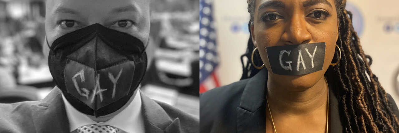 Florida's 'Don't Say Gay' Bill Risks LGBTQ Youth Mental Health Clockwise from top left: Representatives Carlos Guillermo Smith, Fentrice Driskell, Michele Rayner, and Mike Grieco with masks covering their mouths and the word "gay" on their masks. Photo by Immi Thrax via LGBTQIA+ Wiki. (CC-BY-SA)