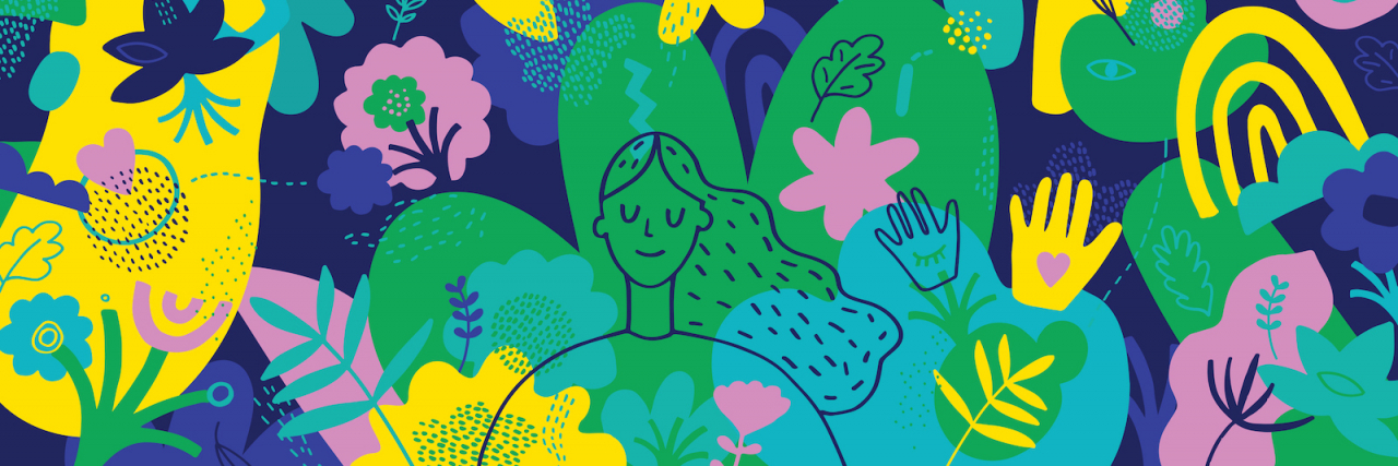 How to Start Slow Living to Improve Your Mental Health Vibrant hand drawn illustration of woman with eyes closed surrounded by colorful plants and flowers