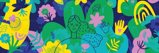 Vibrant hand drawn illustration of woman with eyes closed surrounded by colorful plants and flowers