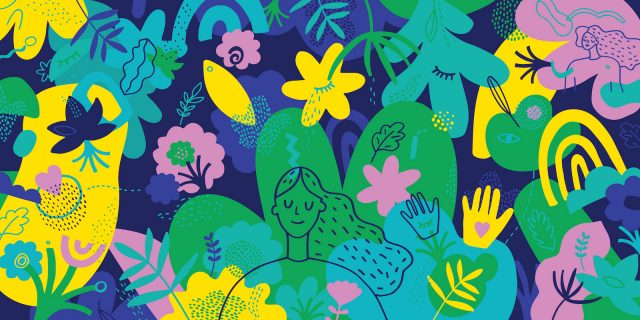 Vibrant hand drawn illustration of woman with eyes closed surrounded by colorful plants and flowers