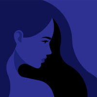 Drawing of sad young woman in blue background.