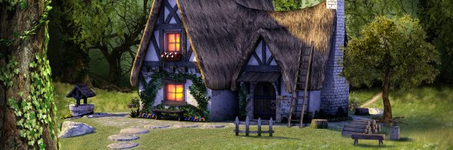 Idyllic fantasy fairytale cottage hidden in a deep forest.