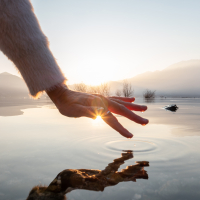 Detail of hand touching water surface of lake at sunset