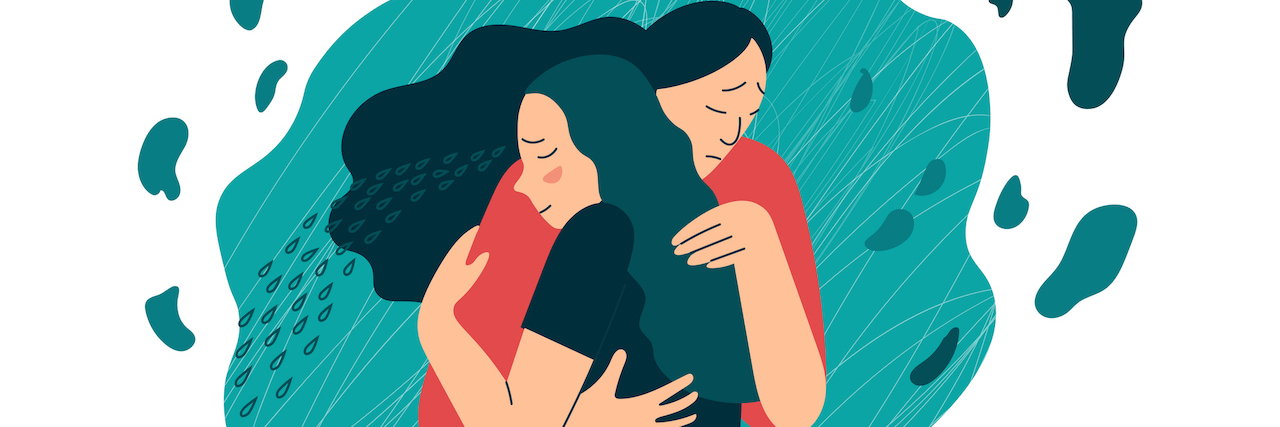The Unique Solidarity Among Suicide Loss Survivors An illustration of two women hugging
