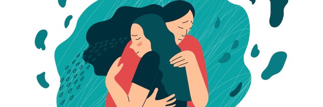 An illustration of two women hugging